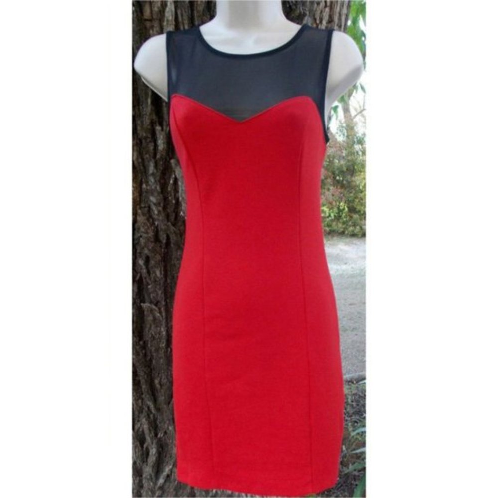 Forever 21-Red Figure Hugging Dress/Illusion Mesh